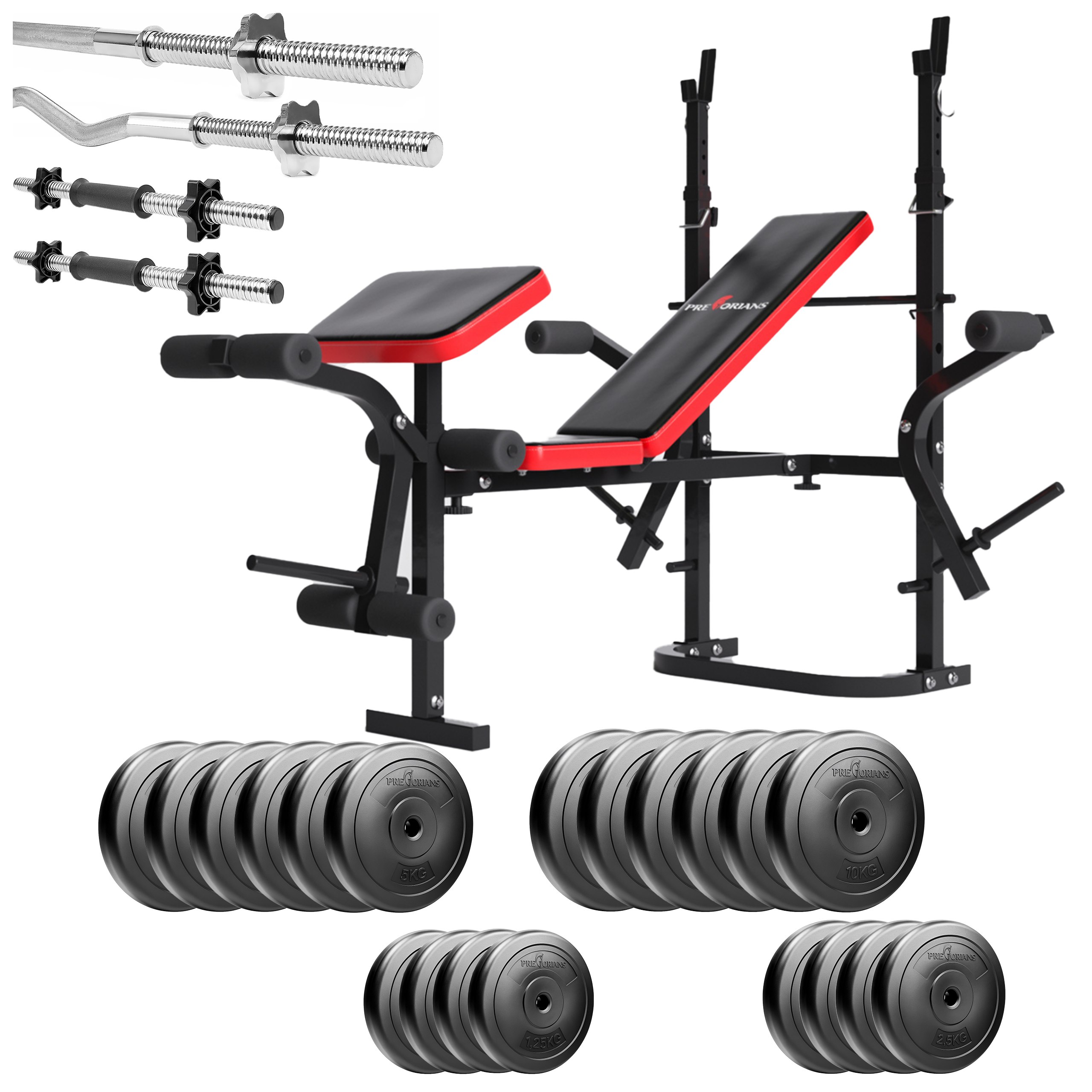 Zestaw do ćwiczeń 141kg z ławką treningową PH 2132 sztangą 180 cm, gryfem 120 cm łamanym, obciążeniem 105 kg i hantlami