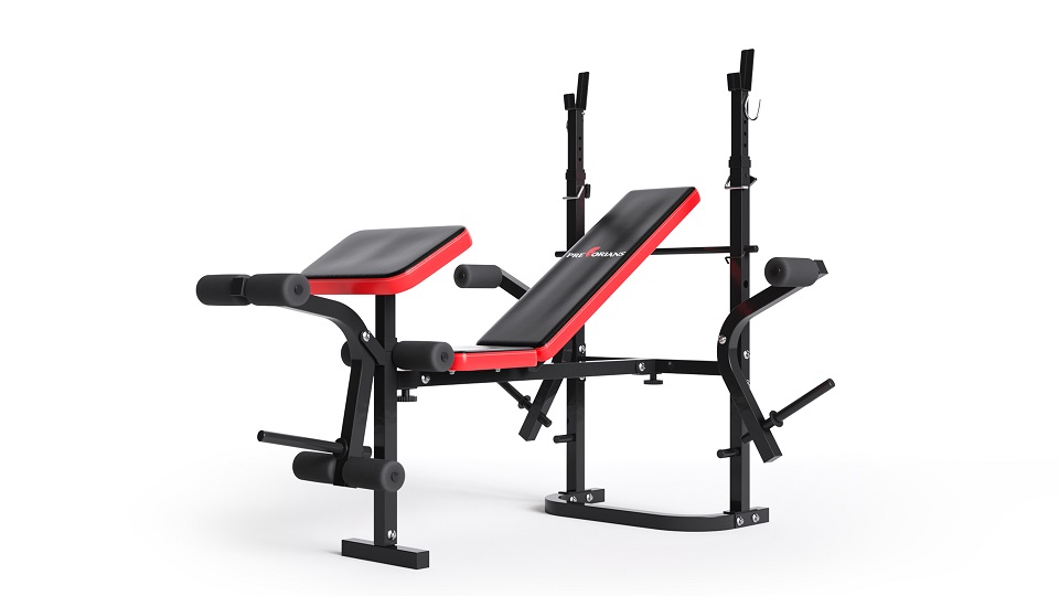 Zestaw do ćwiczeń 141kg z ławką treningową PH 2132 sztangą 180 cm, gryfem 120 cm łamanym, obciążeniem 105 kg i hantlami