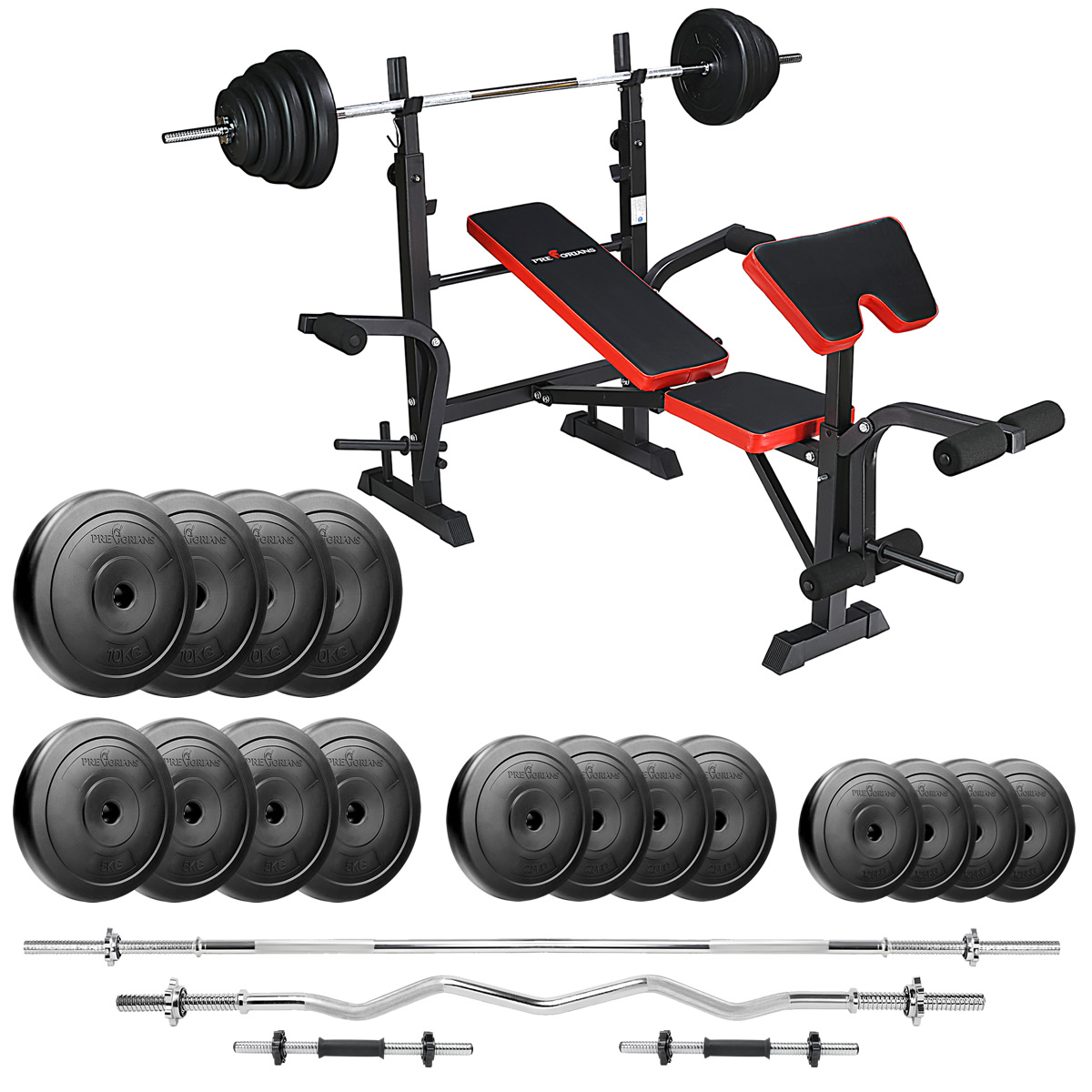 Zestaw 116kg z ławką treningową PH 2131 - ławka, sztanga, gryf łamany, obciążenia, hantle