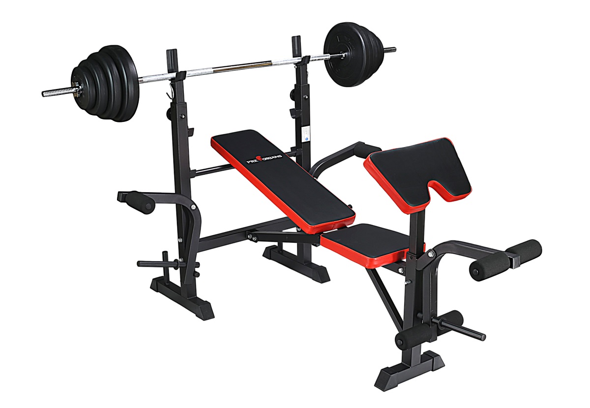 Zestaw 116kg z ławką treningową PH 2131 - ławka, sztanga, gryf łamany, obciążenia, hantle