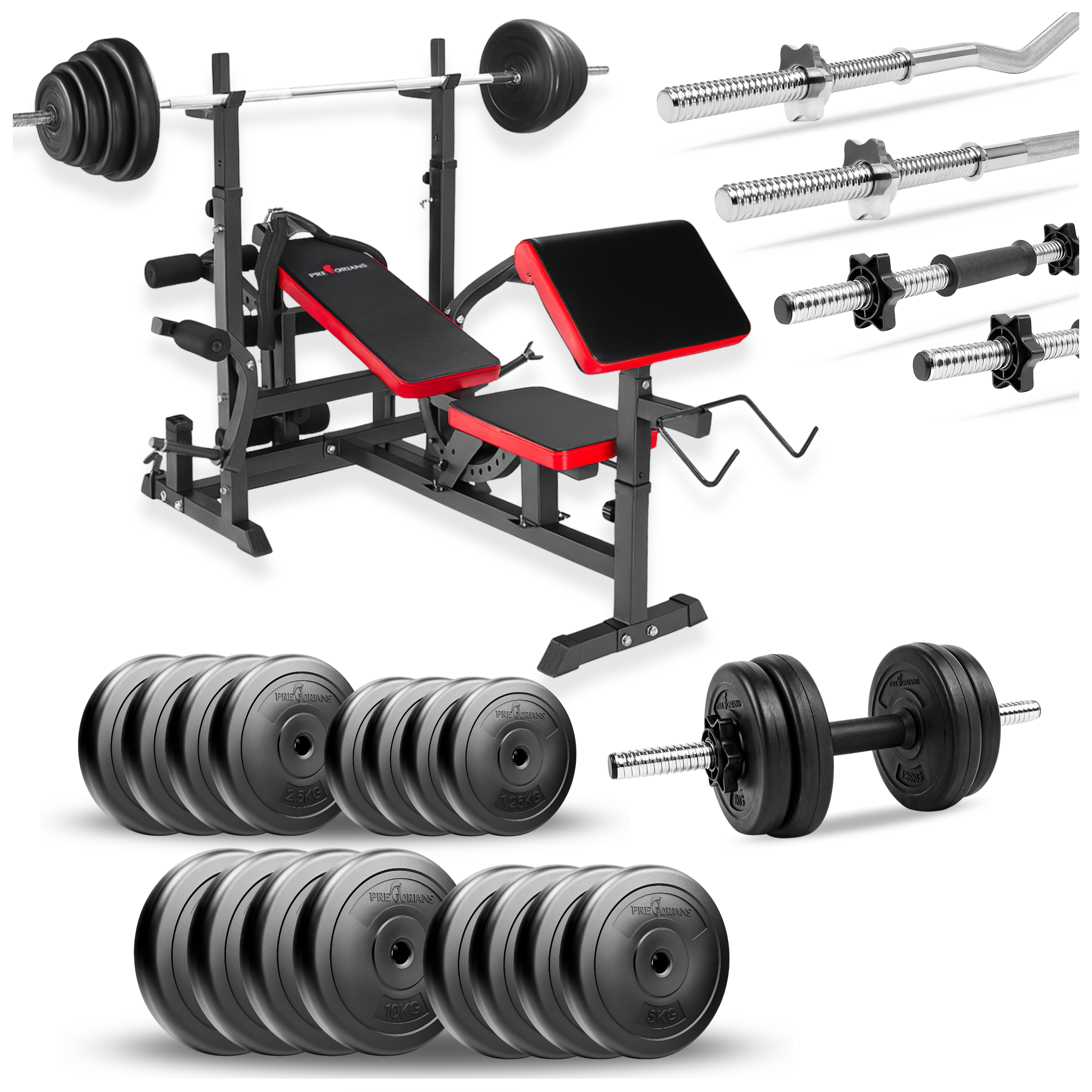 Zestaw do ćwiczeń 130kg z ławką treningową PH 20C - ławka, sztanga, gryf łamany, obciążenia, hantle