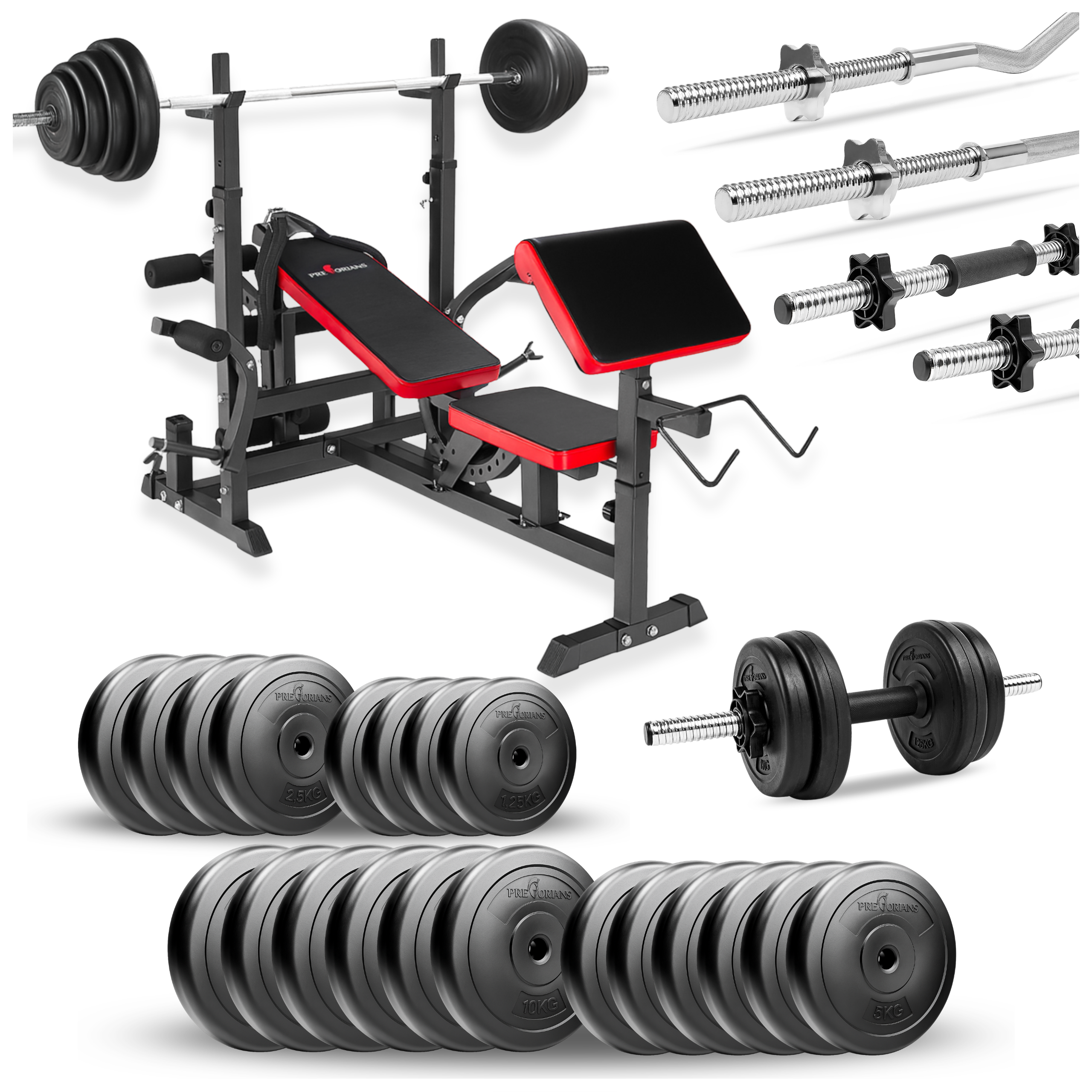 Zestaw do ćwiczeń 160kg z ławką treningową PH 20C - ławka, sztanga, gryf łamany, obciążenia, hantle