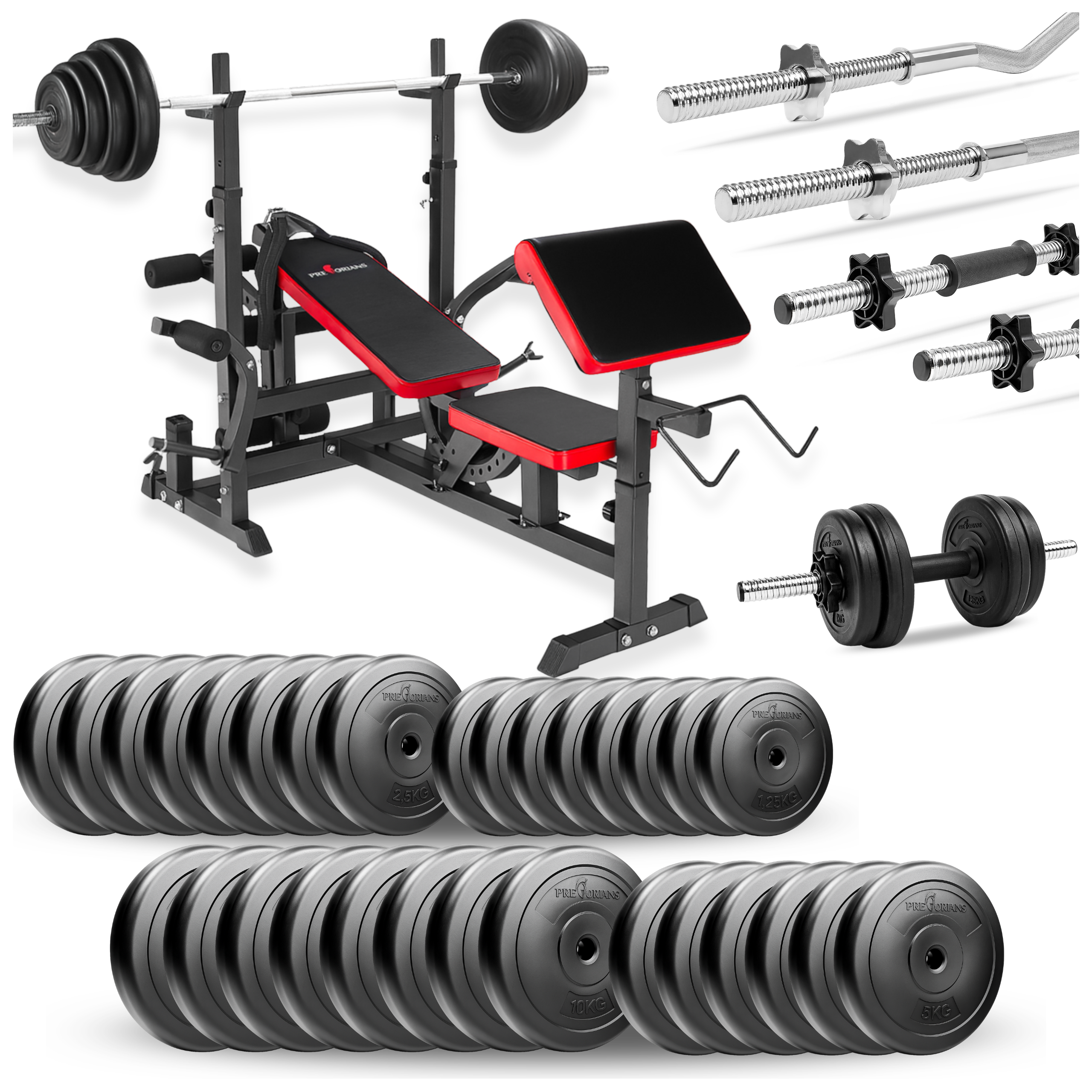 Zestaw do ćwiczeń 195kg z ławką treningową PH 20C - ławka, sztanga, gryf łamany, obciążenia, hantle