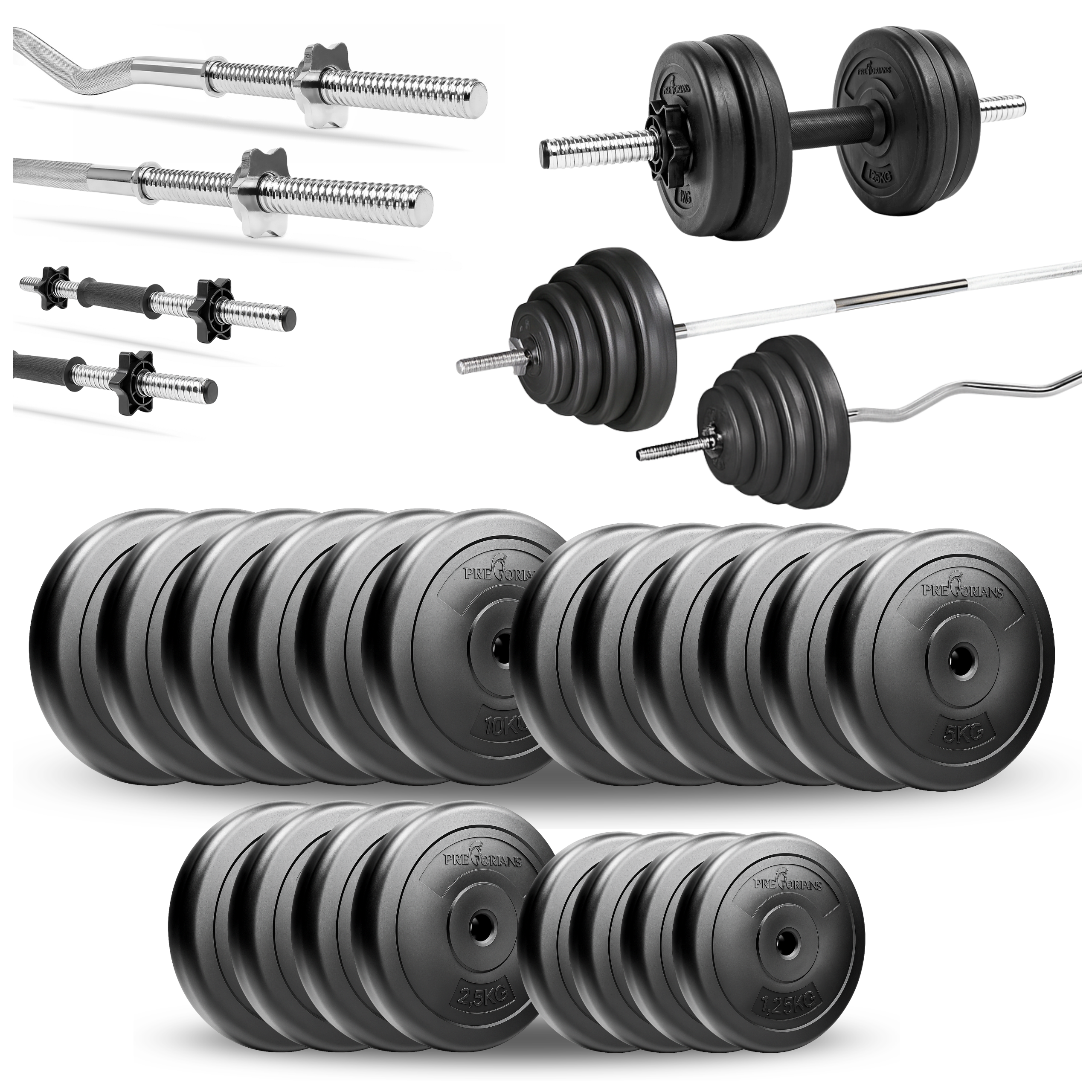 Zestaw do ćwiczeń 120kg ze sztangą 180 cm, gryfem 120 cm łamanym, nakładem obciążeń i hantlami