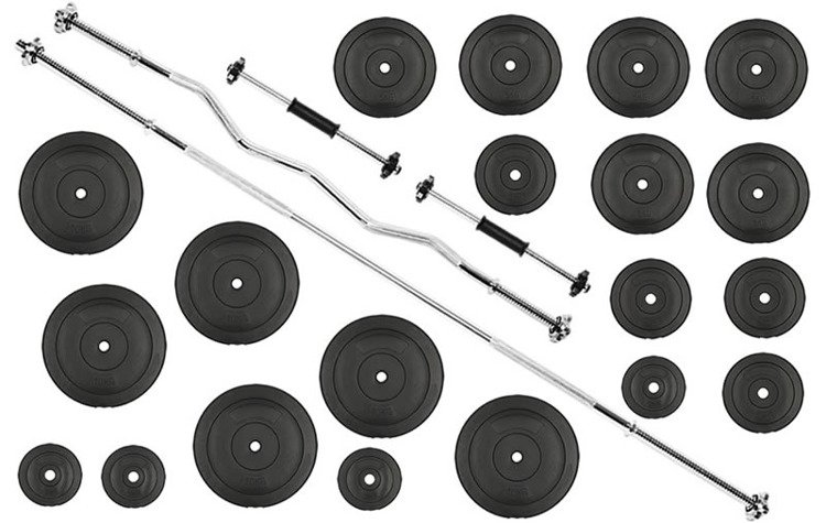 Zestaw do ćwiczeń 120kg ze sztangą 180 cm, gryfem 120 cm łamanym, nakładem obciążeń i hantlami