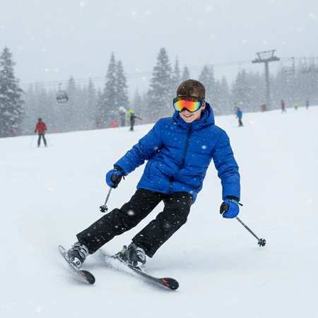 Dziecko w niebieskiej kurtce i rękawiczkach podczas jazdy na nartach