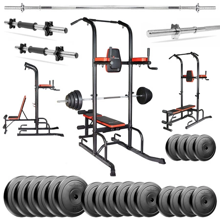 Zestaw do ćwiczeń 157kg z poręczą do podciągania / dipów, ławką, sztangą / gryfem prostym 168 cm, obciążeniem i hantlami