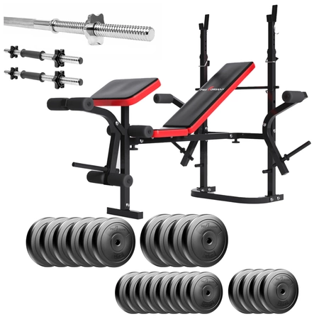 Zestaw do ćwiczeń 123kg z ławką treningową PH 2132 sztangą / gryfem prostym 180 cm, obciążeniem 90 kg i hantlami