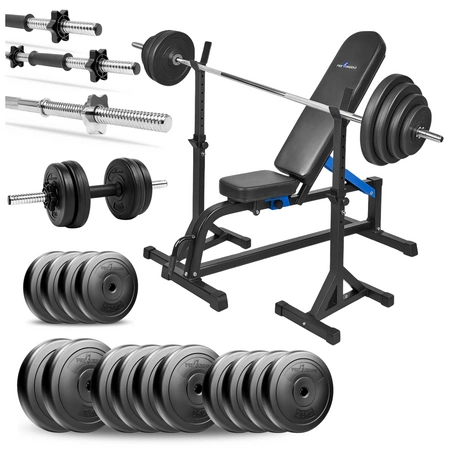 Zestaw do ćwiczeń siłowych 100kg. Siłownia domowa z ławką treningową TB1001, stojakami wolnostojącymi, sztangą / gryfem prostym 180 cm, obciążeniem 55 kg i hantlami