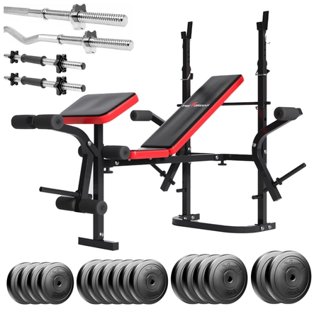 Zestaw do ćwiczeń 96kg z ławką treningową PH 2132, sztangą / gryfem prostym 180 cm, gryfem 120 cm łamanym, nakładem talerzy 60 kg i hantlami