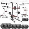 Zestaw do ćwiczeń 157kg z poręczą do podciągania / dipów, ławką, sztangą / gryfem prostym 168 cm, obciążeniem i hantlami