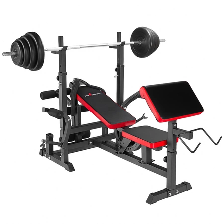 Zestaw do ćwiczeń 195kg z ławką treningową PH 20C - ławka, sztanga, gryf łamany, obciążenia, hantle