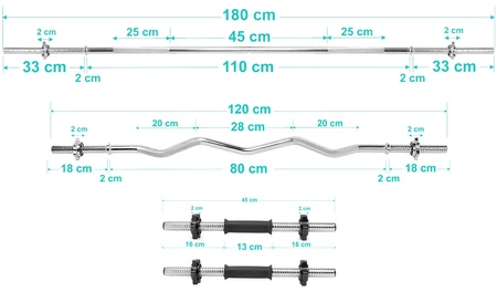 Zestaw do ćwiczeń 141kg z ławką PH 2132 sztangą 180 cm, gryfem 120 cm łamanym, obciążeniem 105 kg i hantlami