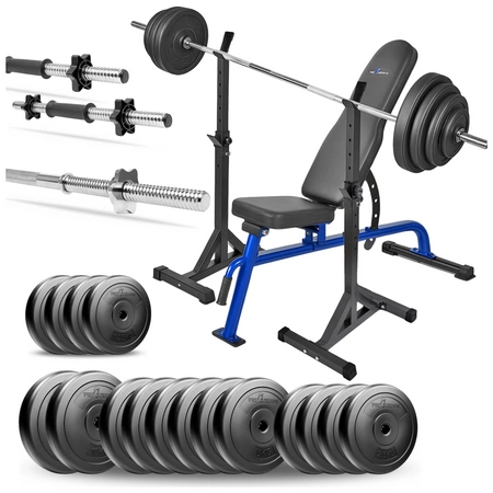 Zestaw do ćwiczeń siłowych 109kg. Siłownia domowa z ławką treningową TB1054, stojakami, sztangą / gryfem prostym 180 cm, obciążeniem 65kg i hantlami