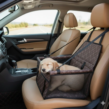 Transporter dla psa do auta - brązowy fotelik podróżny