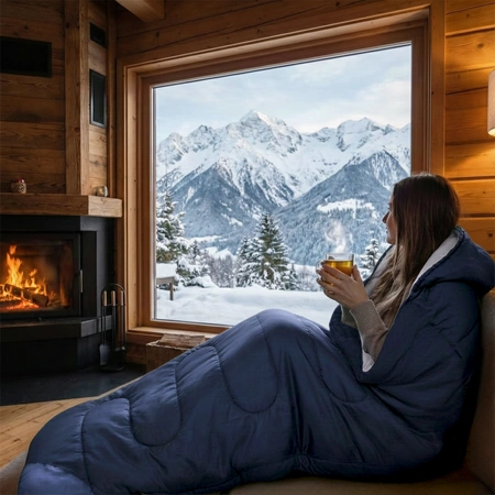 Ciepły śpiwór turystyczny granatowy z kapturem i pokrowcem