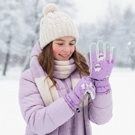 Rękawice narciarskie zimowe rękawiczki dla dzieci ocieplane wodoodporne różowe dla dziewczynki