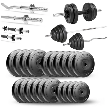 Zestaw do ćwiczeń 105kg ze sztangą 180 cm, gryfem 120 cm łamanym, nakładem obciążeń i hantlami