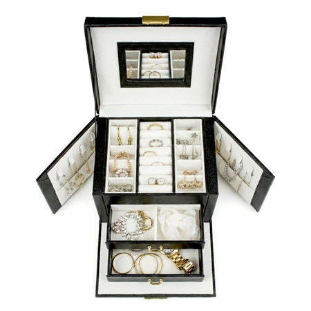 Szkatułka na biżuterię czarna z zamkiem – organizer z szufladami i lusterkiem