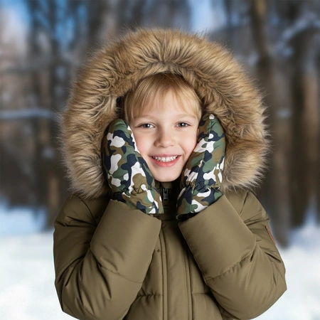 Rękawice zimowe dziecięce ciepłe rękawiczki narciarskie na zimę moro zielone