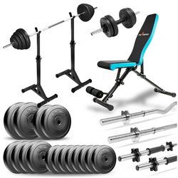 Zestaw do ćwiczeń 88kg z ławką treningową TB891, stojakami, sztangą / gryfem prostym 180cm, gryfem lekko łamanym 120cm, obciążeniem 50kg i hantlami