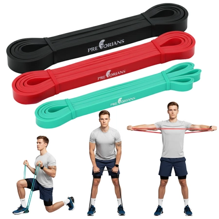 Komplet gum oporowych Pretorians – trzy taśmy treningowe i przykłady ćwiczeń z gumami fitness