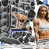 Zestaw do ćwiczeń siłowych 158kg. Siłownia domowa z ławką treningową TB015, stojakami wolnostojącymi, sztangą / gryfem prostym 150 cm, gryfem lekko łamanym 120cm, gryfami do hantli oraz obciążeniem 118 kg
