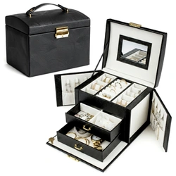 Szkatułka na biżuterię czarna z zamkiem – organizer z szufladami i lusterkiem