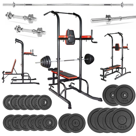 Zestaw do ćwiczeń 167kg z poręczą do podciągania / dipów, ławką, sztangą / gryfem prostym 168 cm, obciążeniem żeliwnym i hantlami