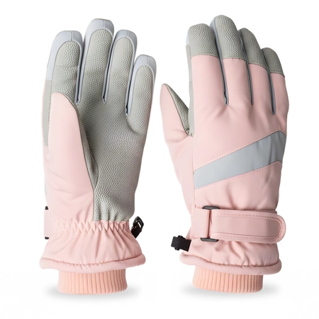 Różowe rękawice narciarskie z szarymi wstawkami i zapięciem na rzep