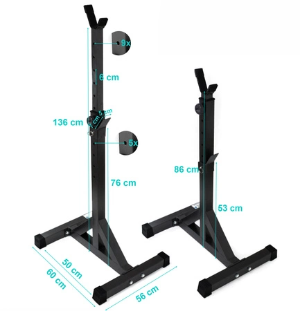 Zestaw do ćwiczeń siłowych 158kg. Siłownia domowa z ławką treningową TB015, stojakami wolnostojącymi, sztangą / gryfem prostym 150 cm, gryfem lekko łamanym 120cm, gryfami do hantli oraz obciążeniem 118 kg