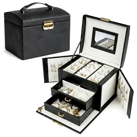Szkatułka na biżuterię czarna z zamkiem – organizer z szufladami i lusterkiem