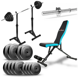 Zestaw do ćwiczeń 77kg z ławką treningową TB891, stojakami, sztangą / gryfem prostym 180cm, obciążeniem 45kg