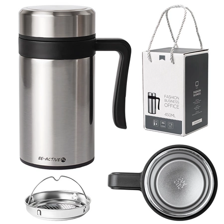 Kubek termiczny termos srebrny podwójne ścianki duży 450ml na kawę herbatę