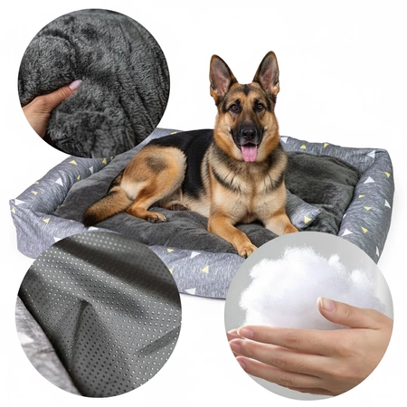 Pies na legowisku zbliżenia na miękki materiał, antypoślizgowy spód i wypełnienie