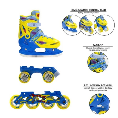 ROLKI ŁYŻWY HOKEJOWE WROTKI 3w1 NILS EXTREME NH1105 A ŁYŻWOROLKI regulowane 35-38 żółto - niebieskie M