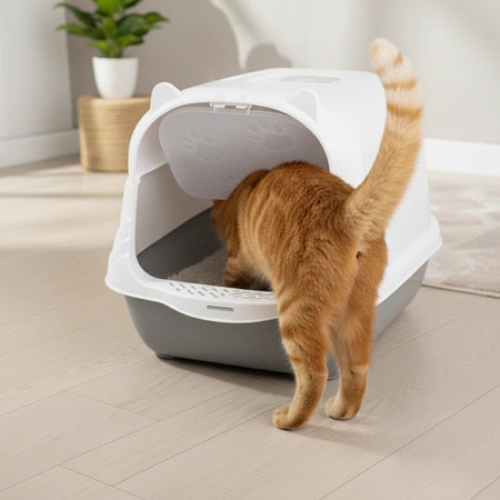 Kot wchodzący do zabudowanej kuwety w nowoczesnym wnętrzu