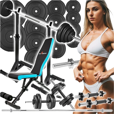 Zestaw do ćwiczeń 87kg z ławką treningową TB891, stojakami, sztangą / gryfem prostym 180cm, obciążeniem 55kg i hantlami