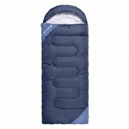 Ciepły śpiwór turystyczny granatowy z kapturem i pokrowcem