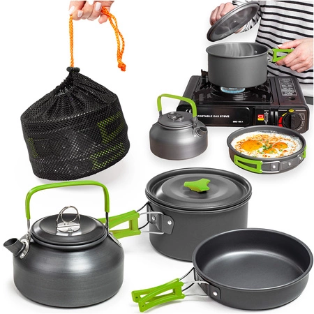 Zestaw garnków kempingowych pod namiot survival zielony