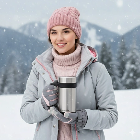 Kubek termiczny termos srebrny podwójne ścianki duży 450ml na kawę herbatę