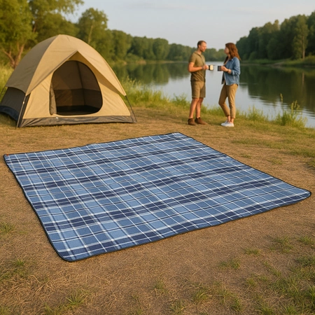 Koc piknikowy 200x200 cm - niebiesko szara kratka