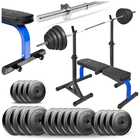 Zestaw do ćwiczeń siłowych 119kg Siłownia domowa z ławką treningową TB015, stojakami wolnostojącymi, sztangą / gryfem prostym 180 cm, obciążeniem 85 kg