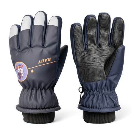 Rękawiczki pięciopalczaste ortalionowe ciepłe grube dziecięce rękawice narciarskie granatowe
