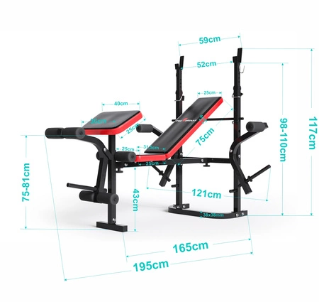 Zestaw do ćwiczeń 111kg z ławką PH 2132 sztangą 180 cm, gryfem 120 cm łamanym, obciążeniem 75 kg i hantlami