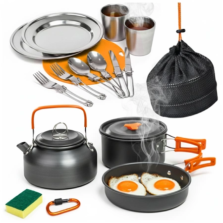 Zestaw garnków naczyń turystycznych pod namiot pomarańczowy