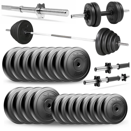 Zestaw do ćwiczeń 57kg - ze sztangą / gryfem prostym 180 cm, nakładem obciążeń i hantlami