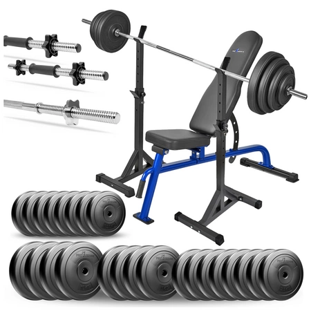 Zestaw do ćwiczeń siłowych 134kg. Siłownia domowa z ławką treningową TB1054, stojakami, sztangą / gryfem prostym 180 cm, obciążeniem 90kg i hantlami