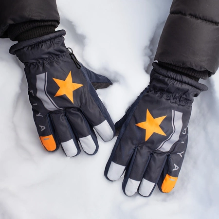 Rękawiczki pięciopalczaste ortalionowe ciepłe grube dla chłopca rękawice narciarskie granatowe