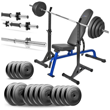 Zestaw do ćwiczeń siłowych 99kg. Siłownia domowa z ławką treningową TB1054, stojakami, sztangą / gryfem prostym 180 cm, obciążeniem 55kg i hantlami